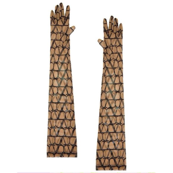 Valentino Garavani Toile Iconographe Long Sleeved Gloves in Beige Nero 6 New - Picture 1 of 11